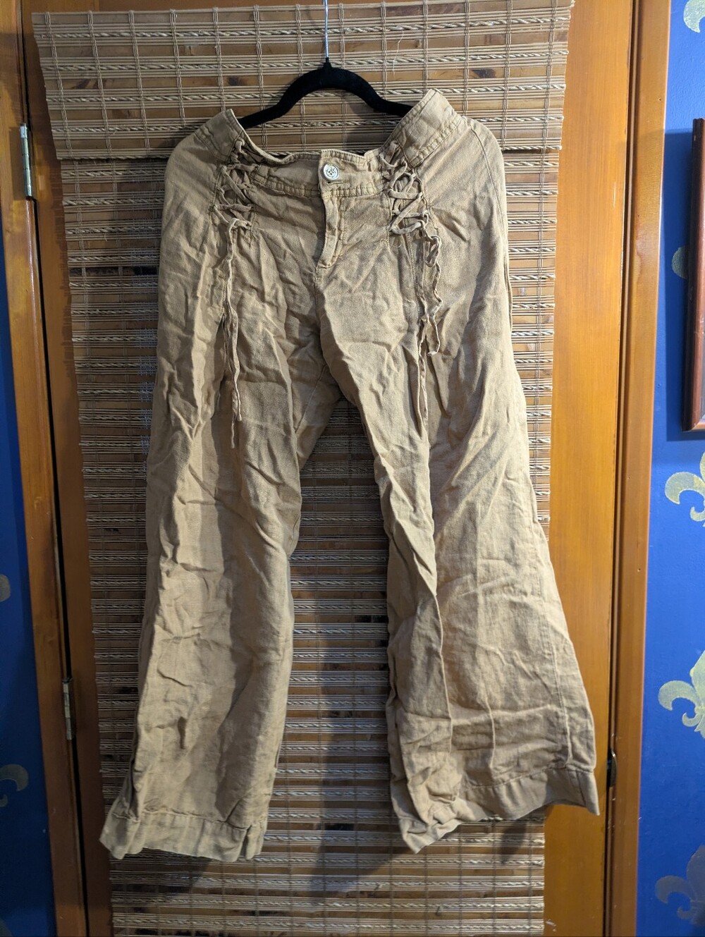 Elevenses Anthropologie Linen Sailor Pants – Mustard Camel Wide Leg 8